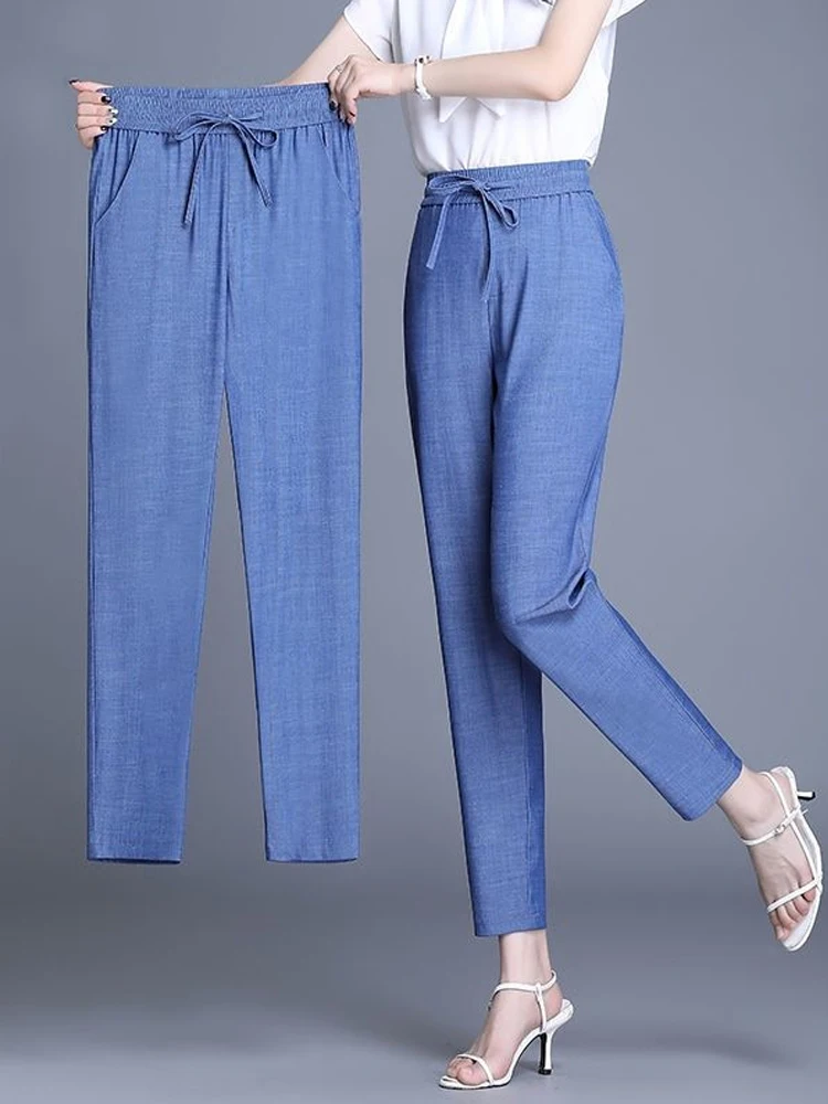

High Waist Ice Silk Denim Pants Women's Loose Fit Nine Points Thin Harlan Trousers Casual Style Korean Version Summer Wear
