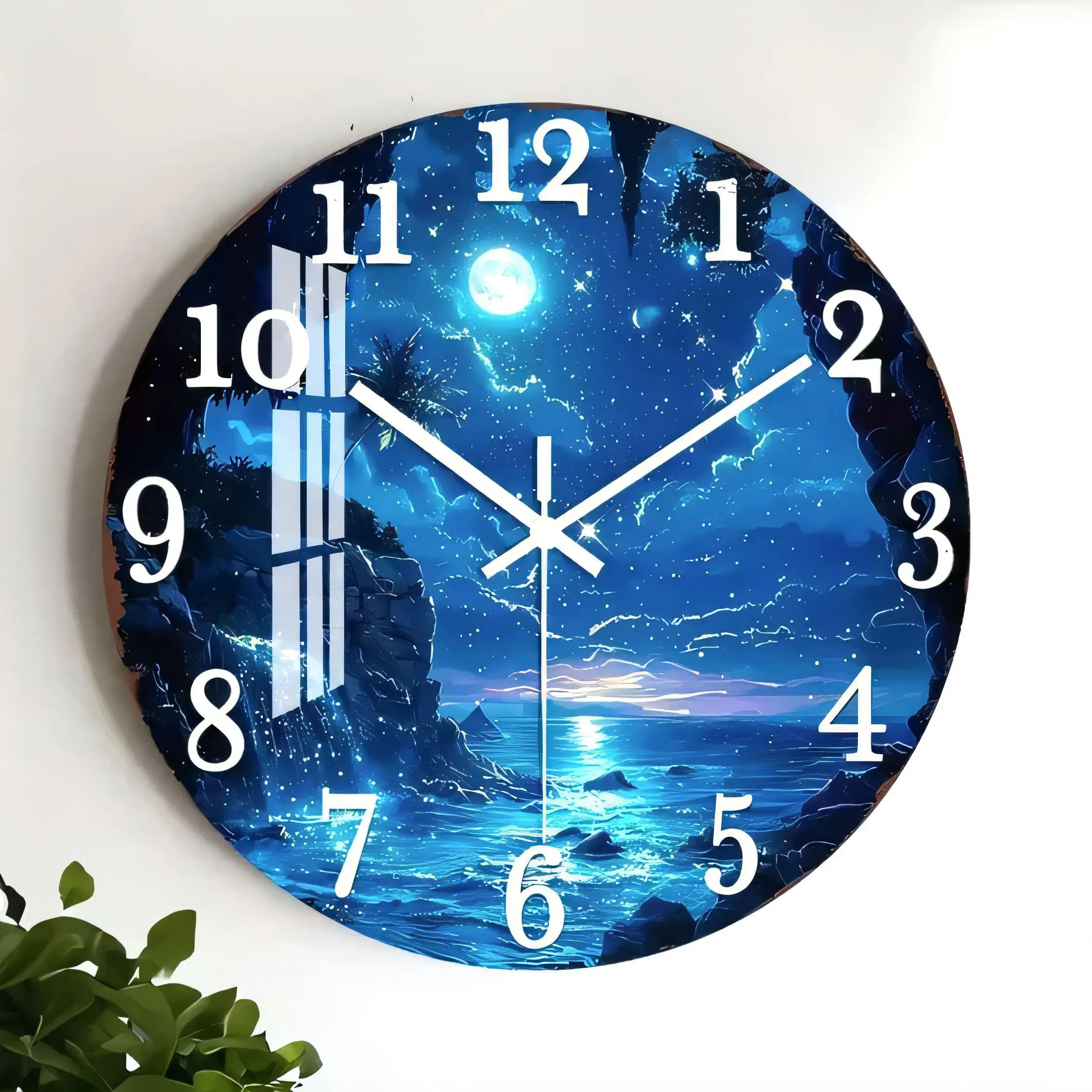 Fantasy Night Ocean Moon Wall Clock  Silent Non Ticking Battery Operated Decorative Home Art