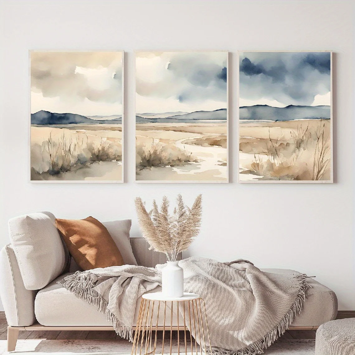 Vintage Poster Watercolor Landscape Abstract Art Print Neutral Beige Blue Minimalist Scene Canvas Painting Wall Aesthetic Decor