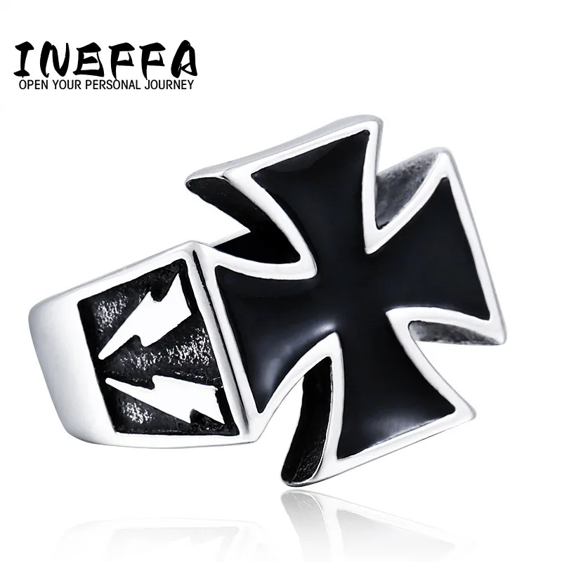 INEFFA 2023 Hot Selling Cross Stainless Steel Men Ring High Quality Titanium Steel Lightning Pattern Ring Men Jewelry Wholesale