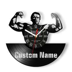 Bodybuilding Vinyl Record Wall Clock For GYM Fitness Room Workout Artwork Customizable Bodybuilder Name Carved Music Album Clock