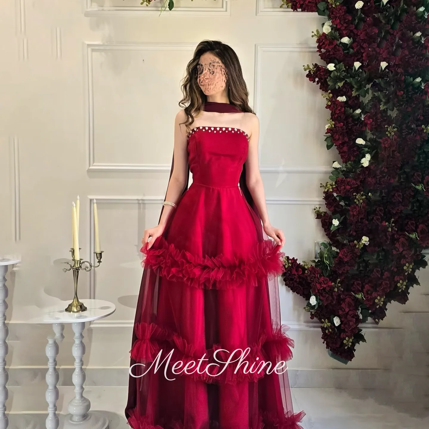 

Red Tulle Evening Dresses Blue A-Line Prom Dress Sweep Train Strapless Formal Saudi Arabia Wedding Dress Customized High Quality