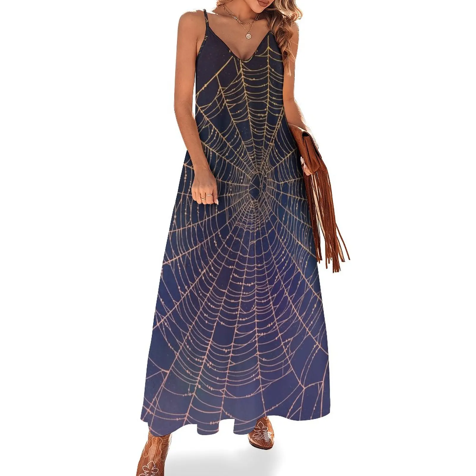 

Spider Web With Dew Drops, Night Sky Sleeveless Dress Evening dresses elegant chic women dresses promotion