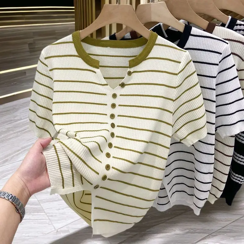 Summer V-neck Gradual Change Hollow Striped Ice Silk Short-sleeved Women's Knitted Top with Cotton T-shirt Half-sleeved A227