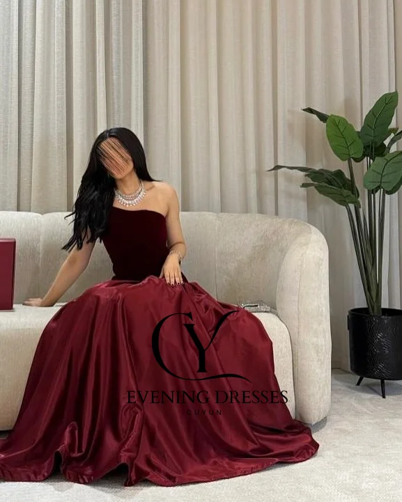 CUYUN عنابي بدون حمالات ثوب مسائي المملكة العربية السعودية المخملية والتفتا فساتين لحضور الحفلات الموسيقية الطويلة مخصصة شبه حورية البحر ثوب الحفلات #5