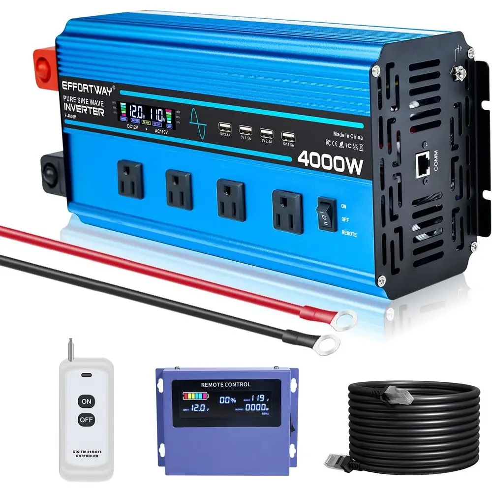 Pure sine wave inverter DC 12V to AC 110V/120V Converter, 8000w (Peak) with LCD Display, Wireless/Wired Remote Control, 4AC outl