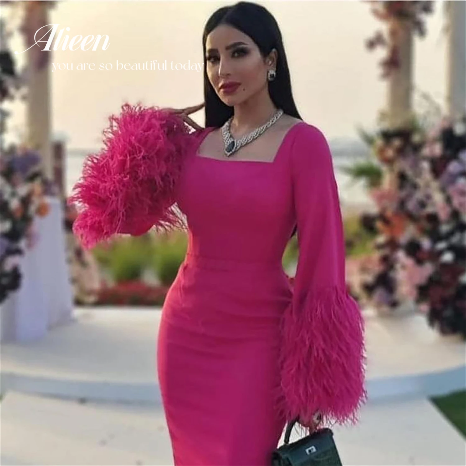 Aileen-vestido de fiesta elegante para mujer, vestidos de plumas rosas, vestidos largos de Gala con cuello tipo Polo, Vestidos de Noche de lujo con