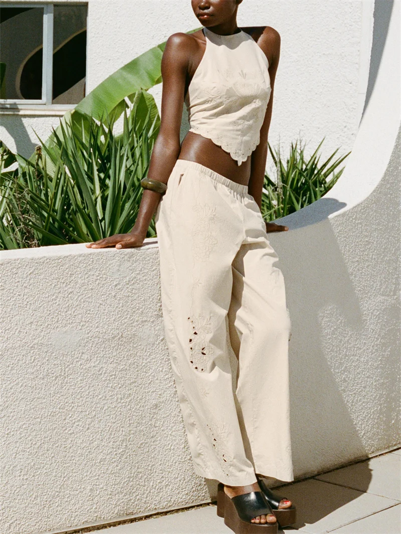 

Новый летний женский комплект Ne Hanging Silk Long Pants со средней талией Spwear Sle Cotton Faion Set для женщин