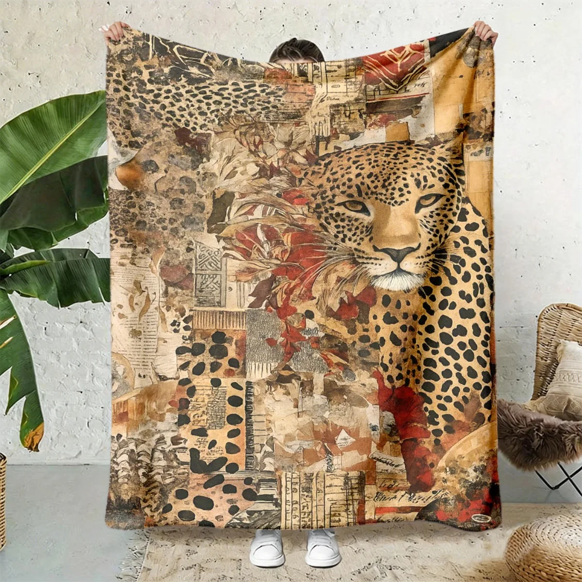 Retro Leopard Grain Floral Antique Paper Mixed Art Pattern Soft Blanket Fit Living Room Bed Travel Multi-scene Home Daily Use