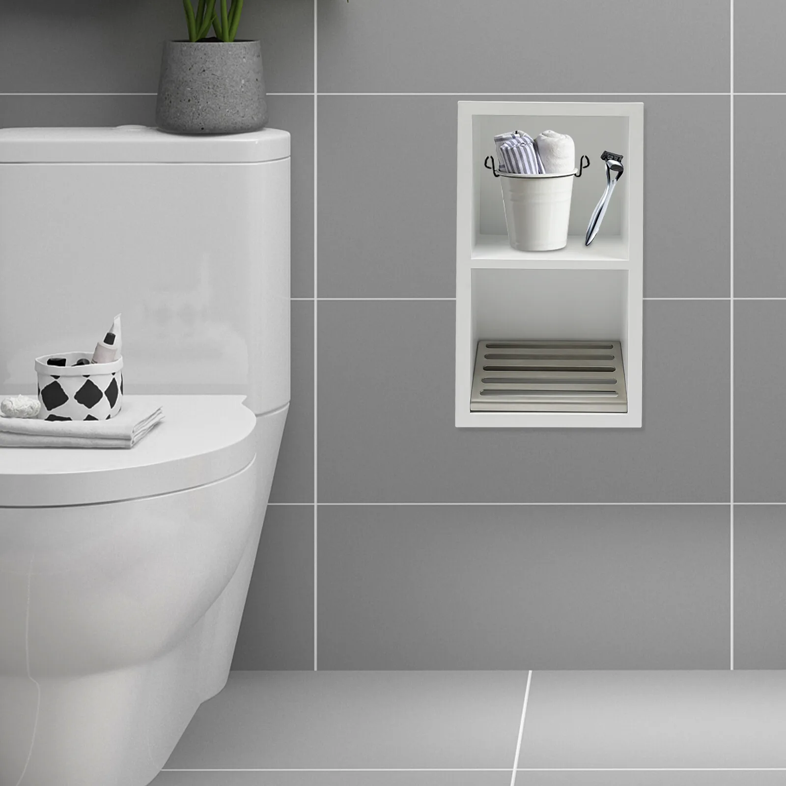 

2-Tiers Stainless Steel Bathroom Recess Recessed Storage Cabinet 18*10*34cm Wall Recessed Cabinet