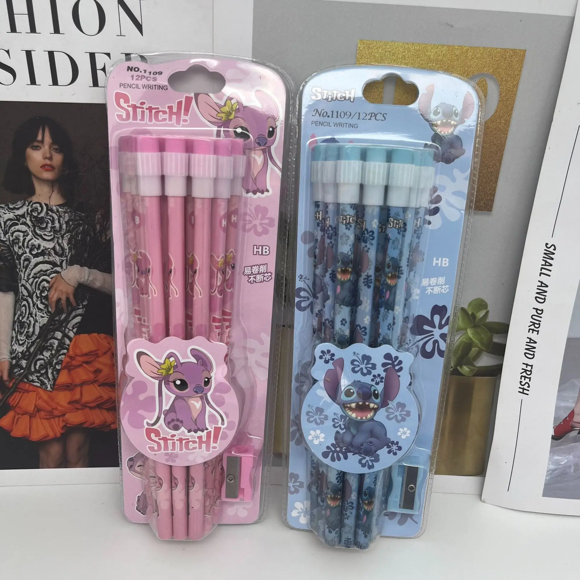 12pcs Disney Kawaii Stitch Wooden Pencil with Sharpener Creative Cartoon Student Special Pencil Anime Angel Stationary Set