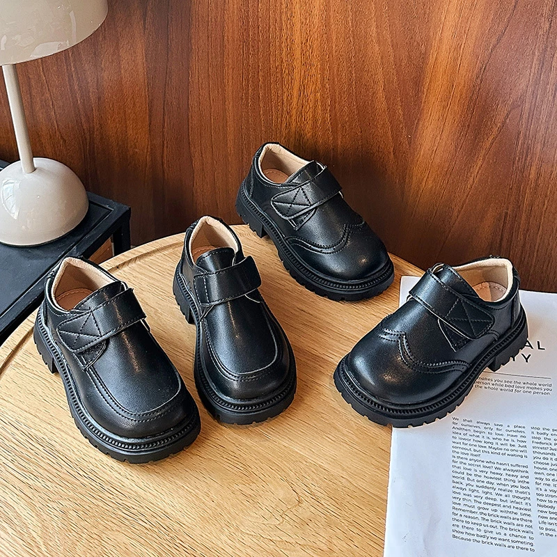 

2025 New Boys Leather Shoes Black Formal Children School Uniform Flat Shoes Simple Solid Color Versatile Kids Causal Dress Shoes