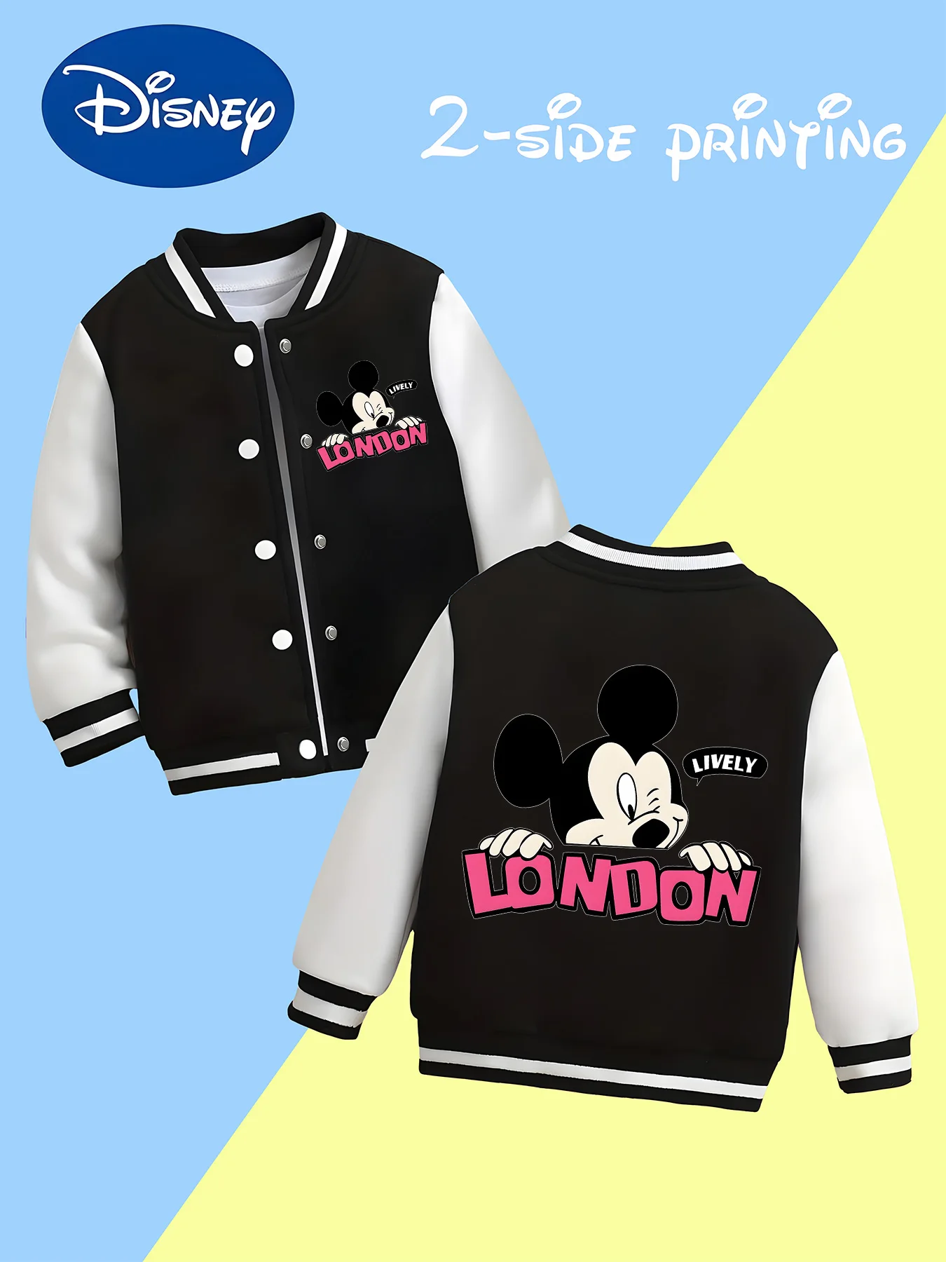 

MINISO Disney Mickey Mouse Baseball Jacket for Boys - Double-sided print design, soft fabric, comfortable for daily play