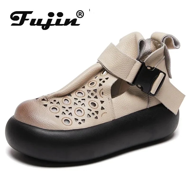 

Fujin 7cm Wedge Summer Platform Slides Round Toe Breathable Shoes Women Hollow Genuine Leather Elegant Ankle Booties Sandals