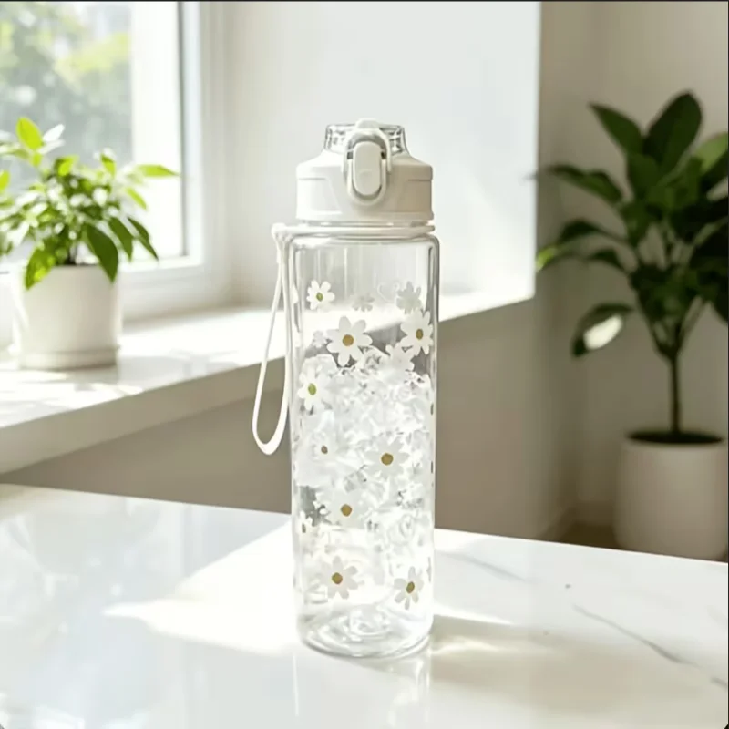 750ml Fresh Daisy Print Transparent Water Cup One-Button Pop-Up Lid Leak-Proof Anti-Fall Portable Straw Cup for Sports Fitness view 5