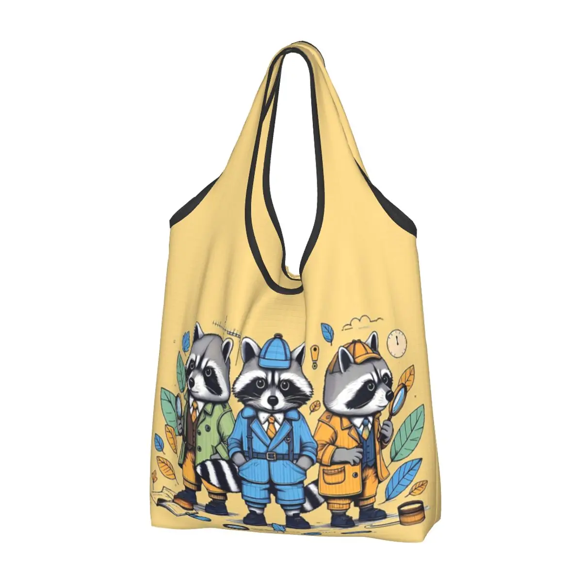 Raccoon Detectives Portable Tote Shopping Bags Reusable Shopper Bag Groceries Handbag Shoulder Bag