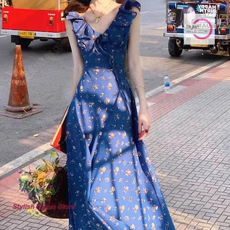 

French Klein blue floral design skirt lotus leaf sleeve holiday lace-up women's summer new temperament waist dress long skirt