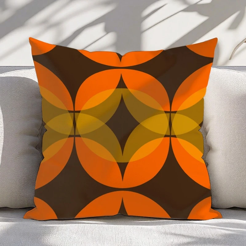 1pc Orange Brown Mid Century Pillow Cover, Polyester 2D Double Sided Print Cushion Case, 70s Retro Geometric Throw Pillowcase, B