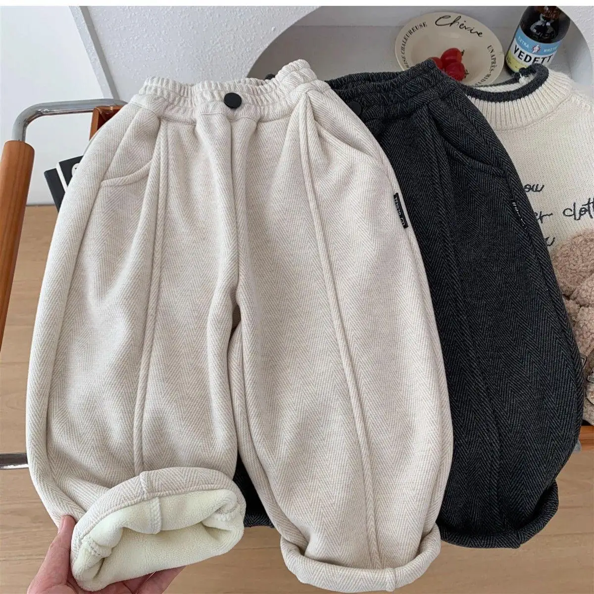 Winter Children Fleece Lining Casual Pants 2026 Fashion Boys Thick Warm Wide Leg Pants Baby Girls Loose Outerwear Trousers