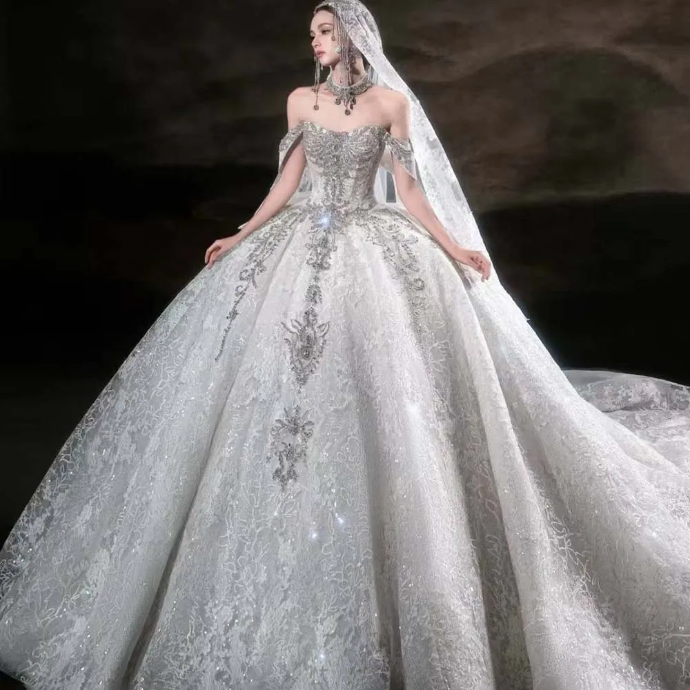 Sublime Wedding Dress White Tulle Lace Ball Gown Customized Off Shoulder Appliques Beading Chapel Train vestido de novia
