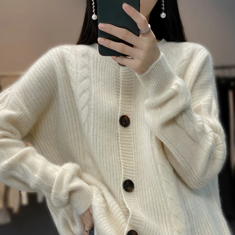 Neue Mode Frauen 100% Merino Wolle Einfarbig Strickjacke Mit Knöpfen Kaschmir Grundlegende Lange Ärmel Bequeme Weiche Kleidung Top