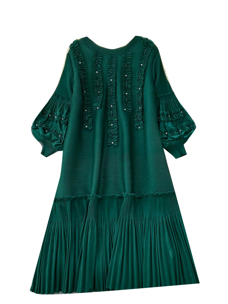 Długa spódnica damska z wysokim stanem, plisowana, elastyczna, w stylu latarni, idealna na lato, do pracy, z perłami.