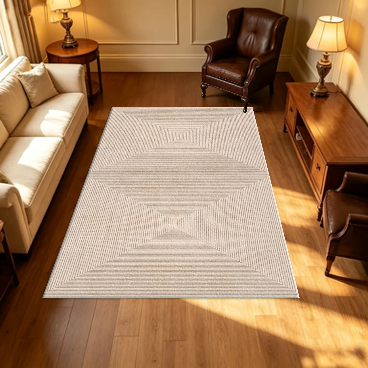 Concentric Rectangular Geometric Carpet Flooring Neutral Beige Modern Area Rug Indoor Floor Mat for Home Decoration
