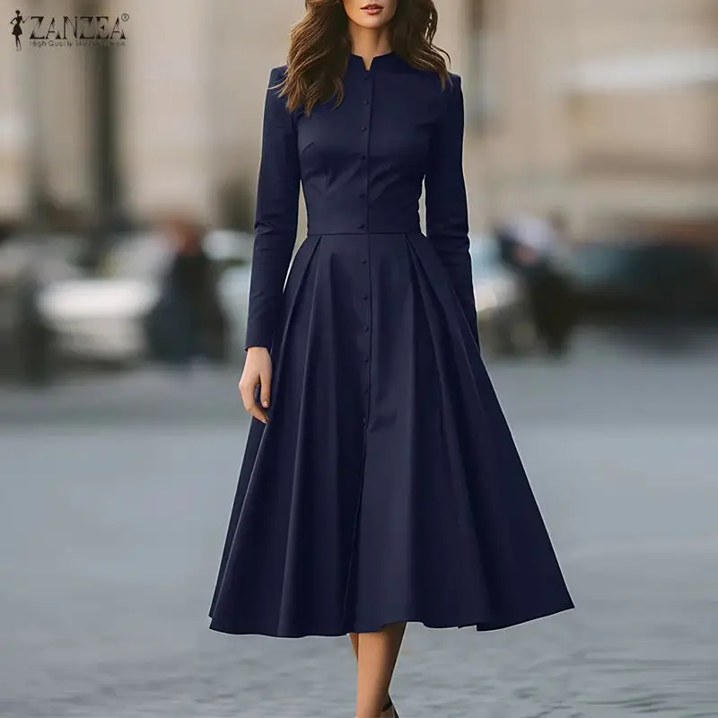 2026 ZANZEA Frühjahrsmode Langarm OL-Kleider Damen Elegantes A-Linien-Partykleid Stehkragen Tailliertes Sommerkleid Vestidos