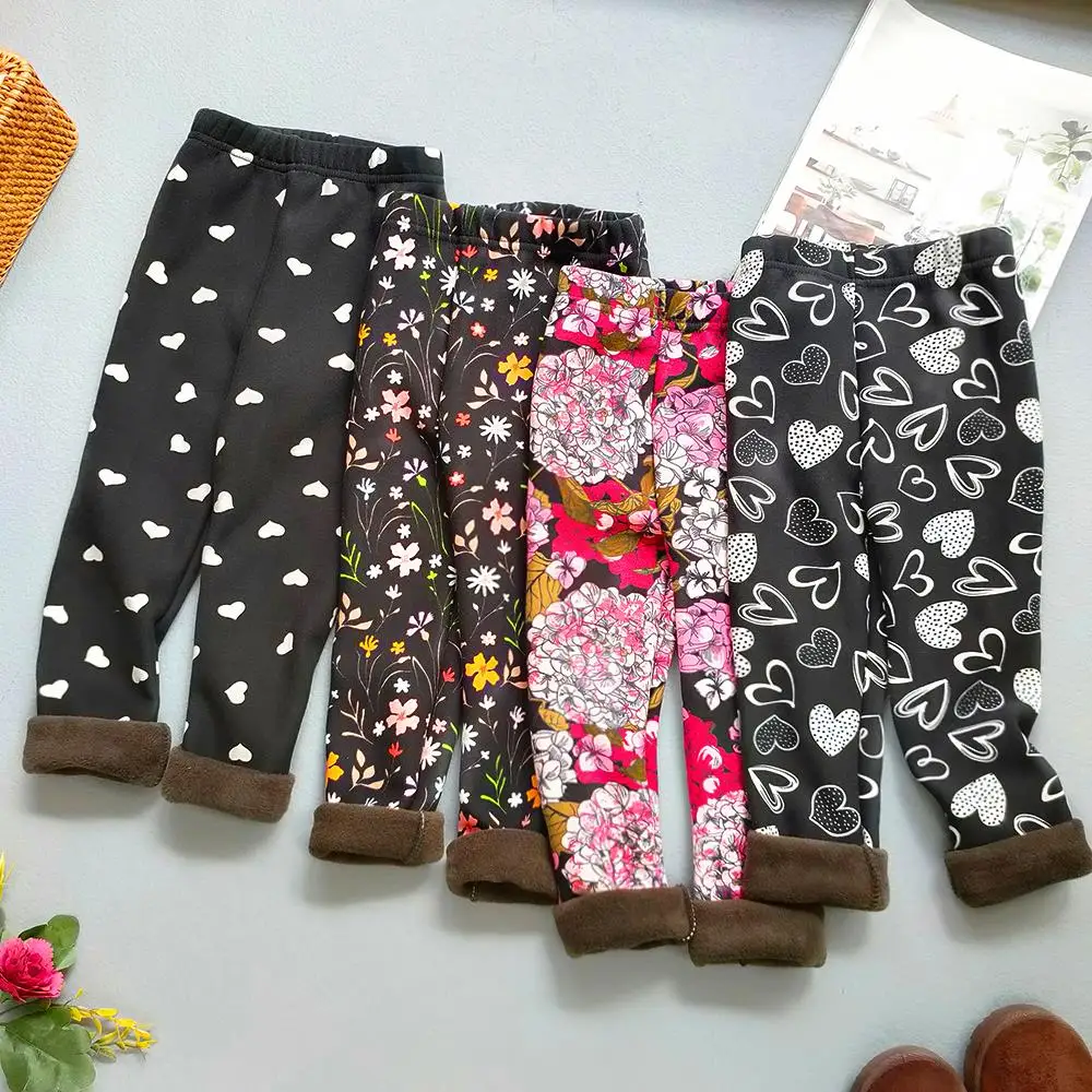 Leggings infantis de flores estampadas, calças grossas quentes, calças infantis, criança, bebês, outono, inverno