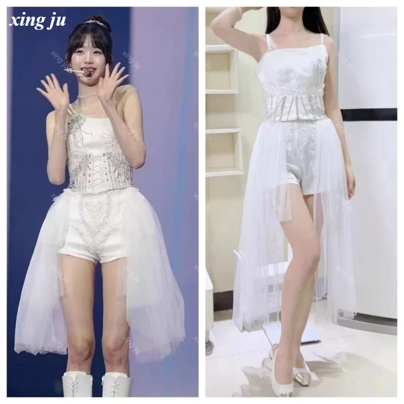 

Xing Ju Kpop Korean Singer Jazz Dance Costume Women Sexy Mesh Skirt White Crop Tops Stage Tight Shorts Group Performance Wear