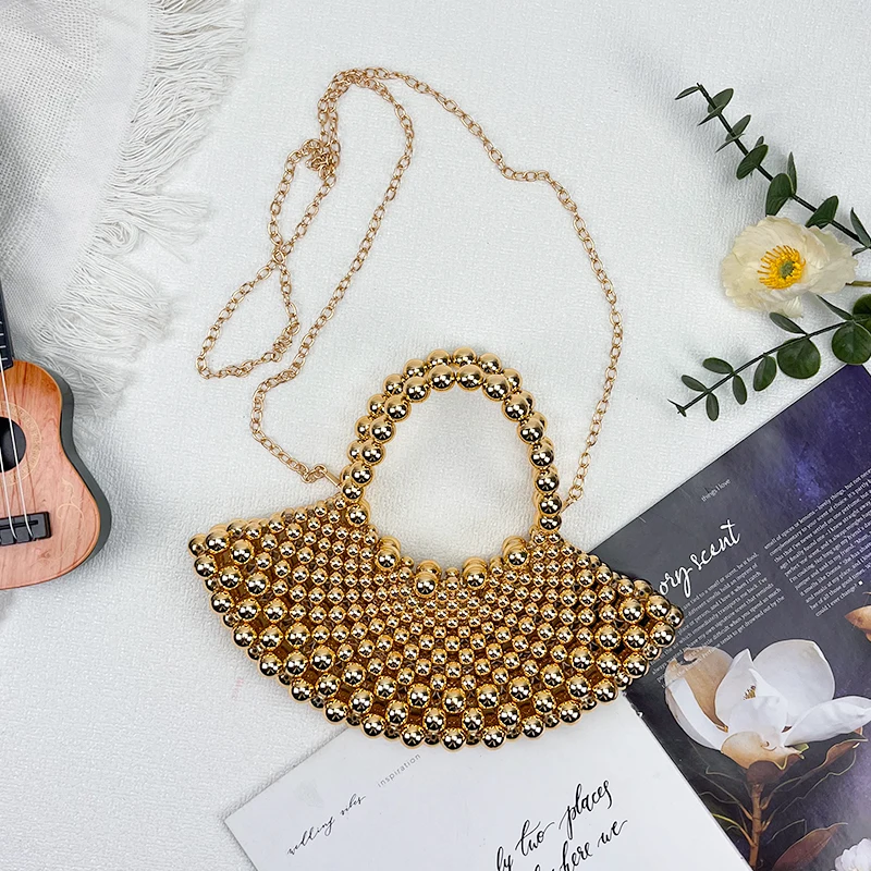 Summer high-end niche watch fan-shaped bead bag for women 2026+new crossbody handmade hollow bag