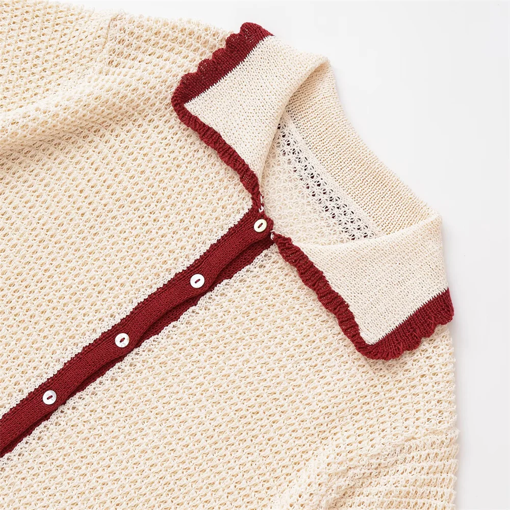 سترة نسائية محبوكة بأكمام قصيرة وياقة بولو على الموضة الجديدة، شورت محبوك بسيط بخصر عالٍ #6