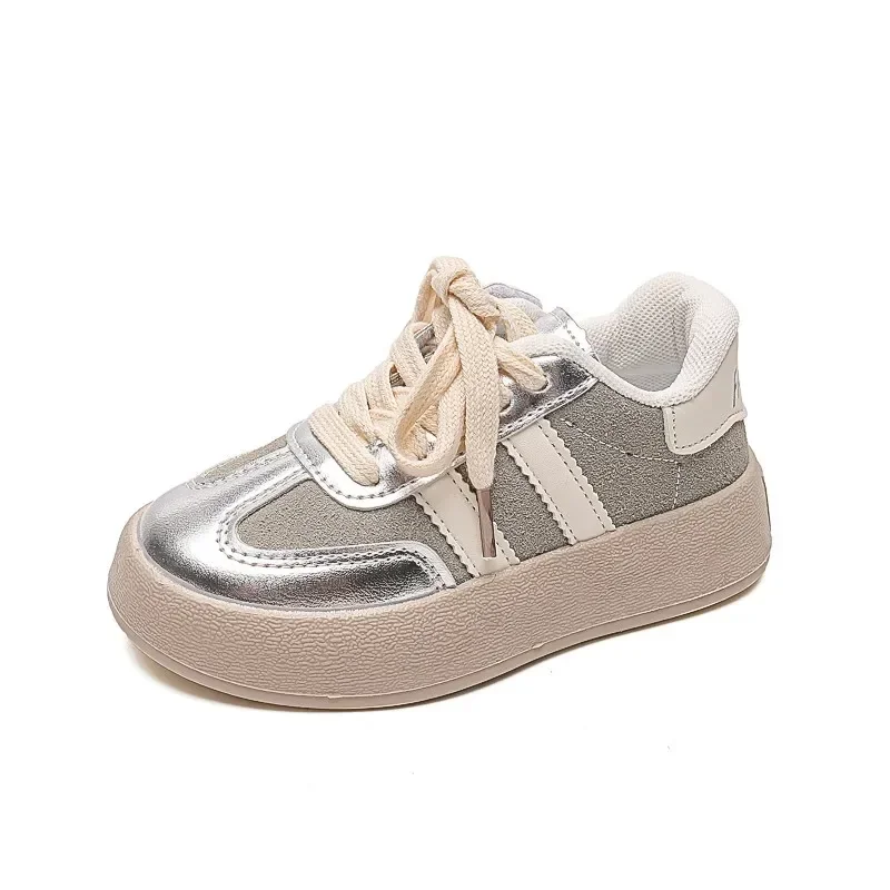 Lace Up Children\'s Color Blocked Board Shoes Round Toe Sewing Thread Kids Soft Sole Thick Bottom Non Slip Outdoor Simple Style