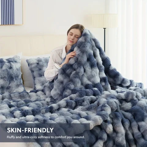 1 PC Faux Rabbit Fur ,Luxury Soft, Warm Bubble Blanket, Cozy Throw for Bedroom, Guest Room, Living Room,6lbs clearance price US
