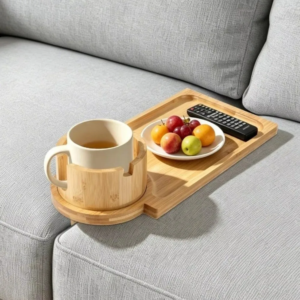Wood 2 in 1 Couch Arm Tray Movable Space Saving Sofa Armrest Gap Tray with Rotating Mug Holder Sofa Armrest Storage Tray Drinks