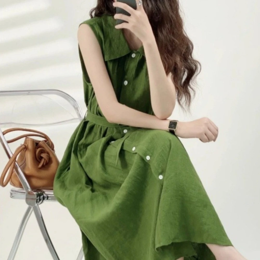 

Chic Green Sleeveless Dress Women Lace-up Lapel Vintage Button-up Dress Streetwear High Waist Simple Long Dress Female