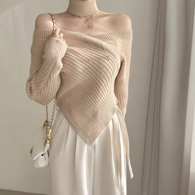 

Осень-зима, новый винтажный элегантный топ для женщин Y2k, сексуальный тонкий вязаный свитер с открытыми плечами и длинными рукавами для похудения, дизайн Sense