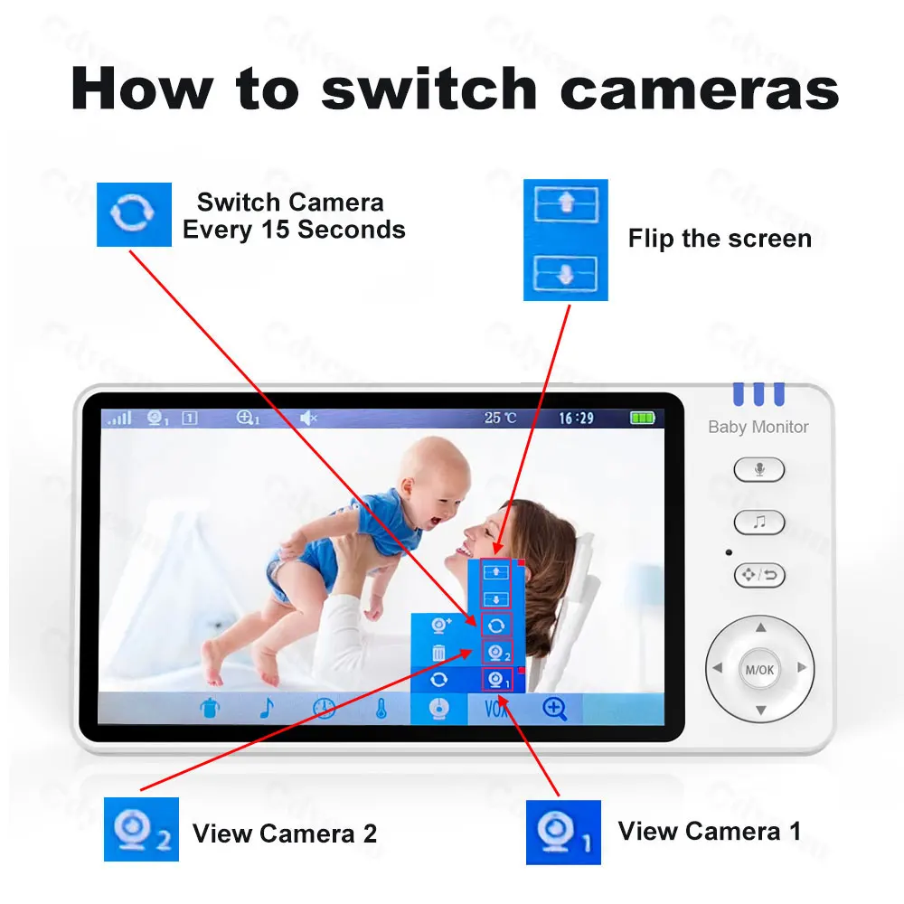 5 Inch HD Baby Monitor With 2 Camera Pan-Tilt 4X Zoom 2-way Audio Baby Camera Nanny Night Vision Video Babysitter Temperature