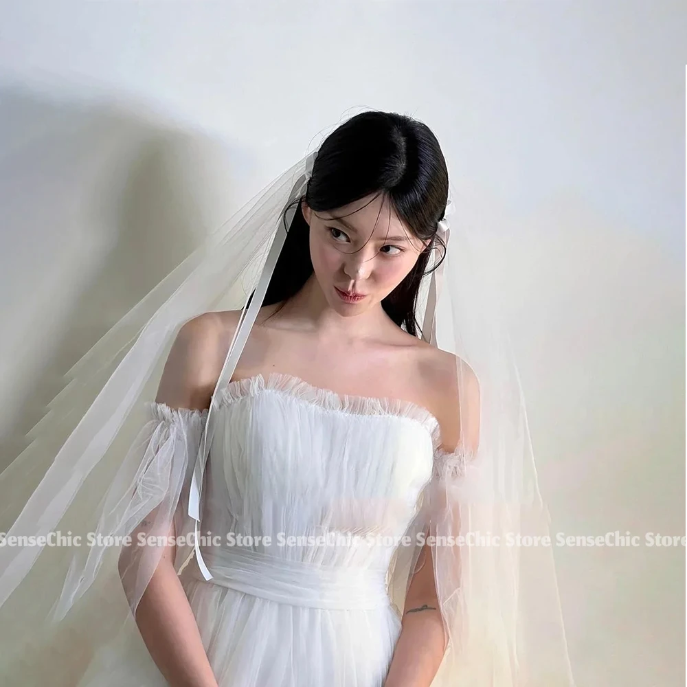 Плиссированные милые свадебные платья Корейский корсет сзади без бретелек из тюля с короткими пышными рукавами с открытыми плечами Платье невесты по индивидуальному заказу