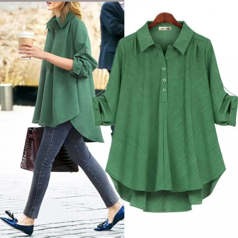 

Women's plus Size Two-Color Fabric Long Sve irt Loose Fit Comfortable A-Line Design Spring Summer Casual Workwear