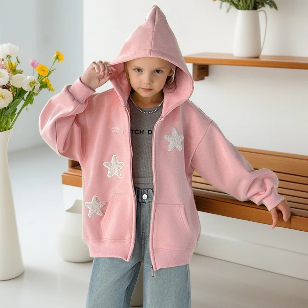 

Autumn Girls Hoodie Jacket Star Embroidered Zip-Up Hoodies for Big Kids Versatile Trendy Look Casual Outerwear Tops 10 12 Years