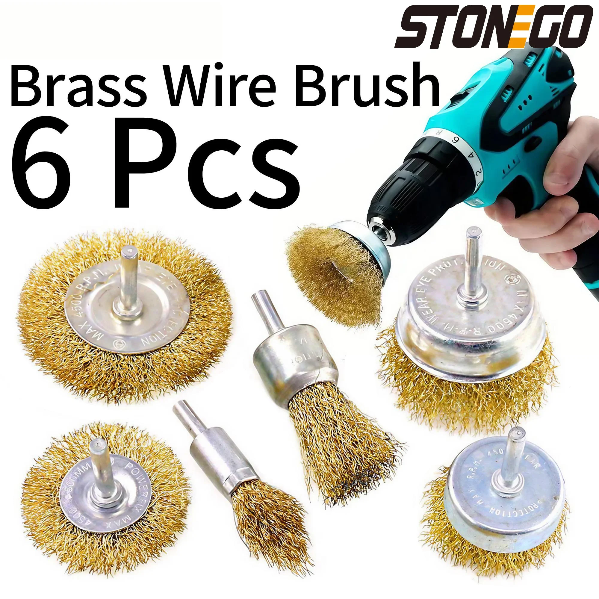 STONEGO 1Set(6Pcs) Brass Wire Brush Set - Hex Shank Grinding Wheel, Cup Brush for Drill Bits, Wire Brush Attachment