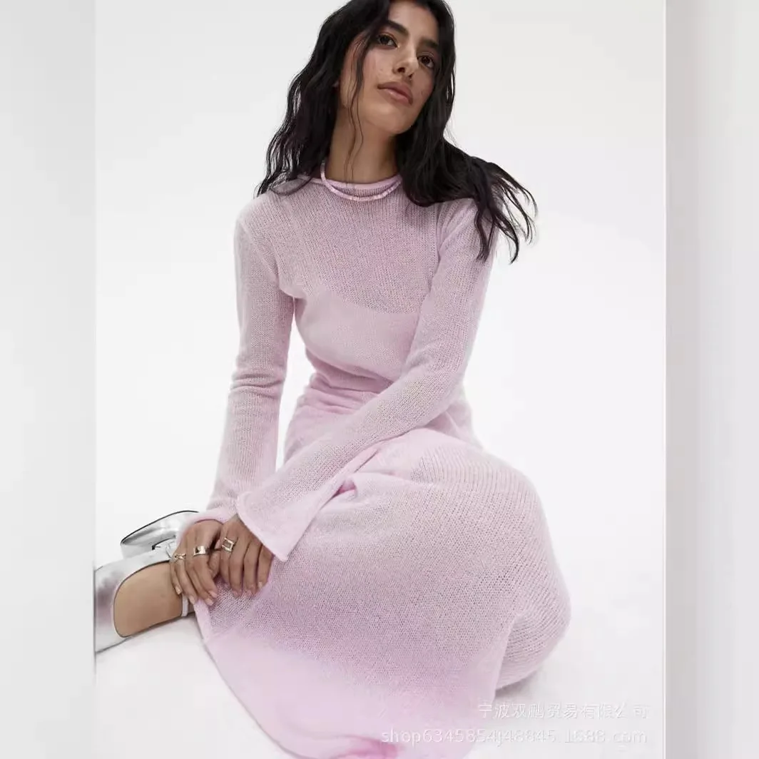 Fashion Solid Color Knitted Dresses Two Piece Set Women See Through Long Sleeve Pullover Dress And Spaghetti Strap Vestidos Sets
