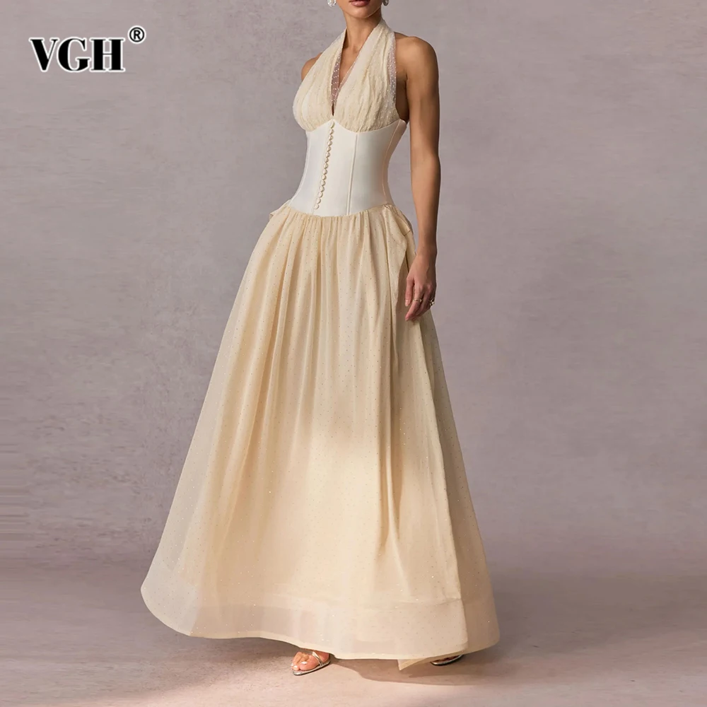 

VGH Sexy Slim Fit Hit Color Long Dresses For Women Camisole Sleeveless Backless High Waist Elegant Evening Dress Female Fashion