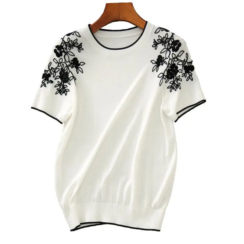 Haft O-Neck lodowy jedwab T-shirt z krótkim rękawem Top dla kobiet lato nowe solidne cienkie luźne swetry elegancka modna odzież