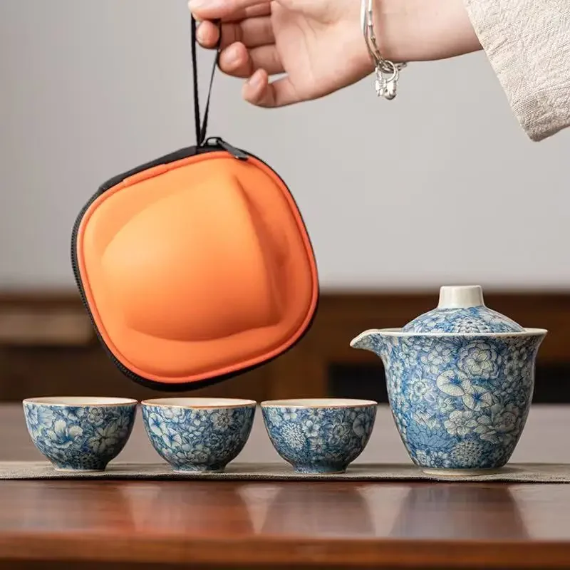 Ru Kiln Flower Travel Tea Set Portable Camping Kung Fu TeaSet Outdoor Picnic Express Cup Ceramic Teapot Gift Office Decoration