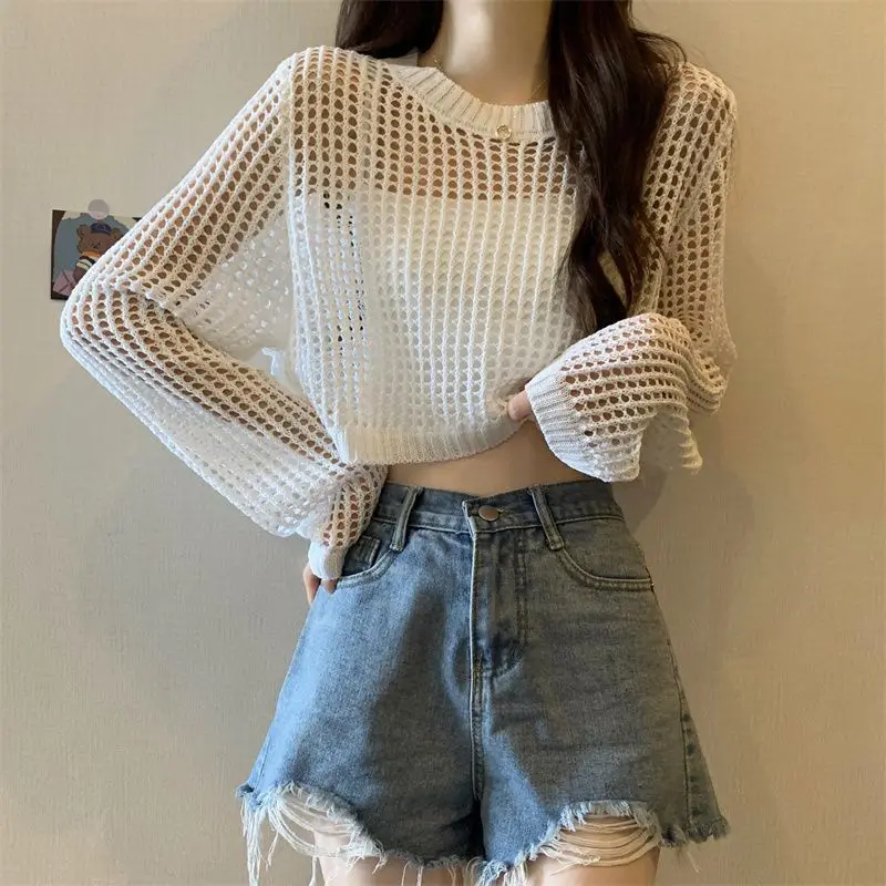 Women\'s Hollow White Black Grey Knit Sweater Short Korean fashion sexy Loose Long Sleeved Fishing Net Tops Women NS5903