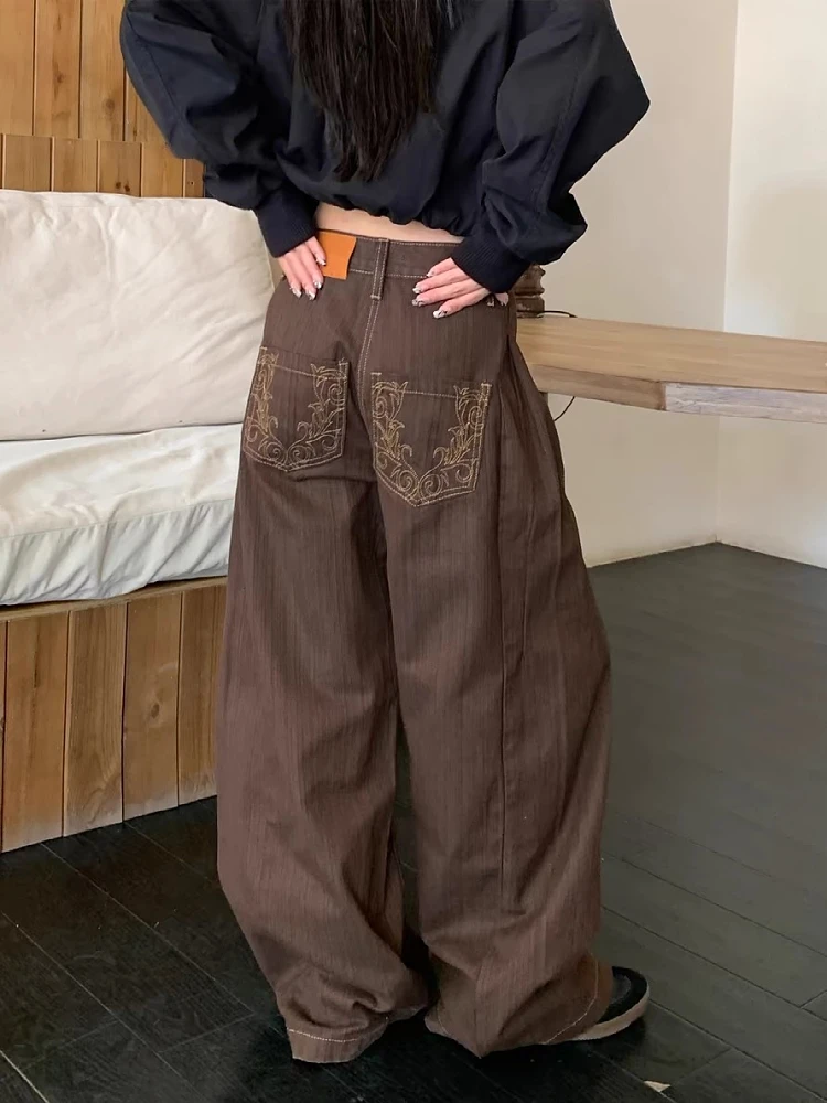 

High Waist Straight Leg Oversized Denim Jeans Men's American Retro Embroidered Checkered Knife Wide Leg Long Pants