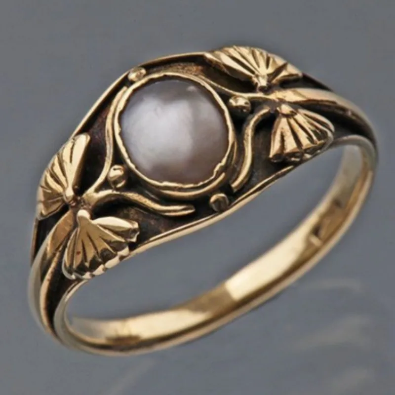 Vintage-Ring mit eingelegten Imitationsperlen für Damen, trendige goldene Farbe, handgeschnitzt, für den täglichen Gebrauch, Party-Schmuck, Jubiläumsgeschenk