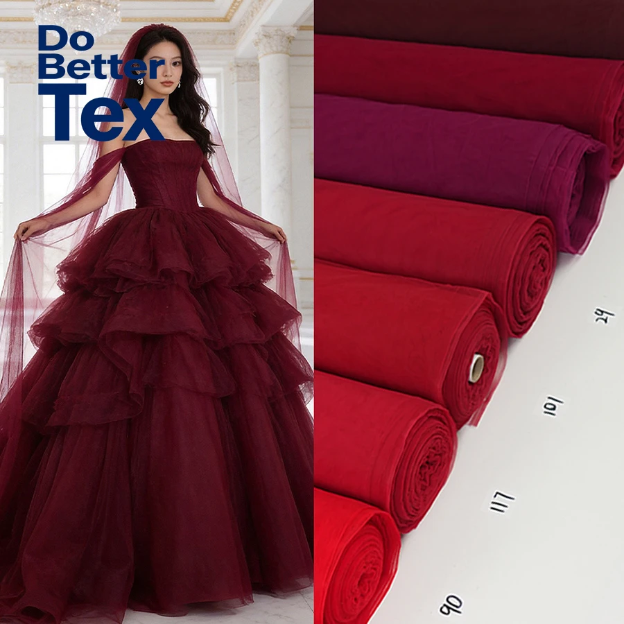 Red Recycled Nylon Rachel Tulle Net Sheer Soft Illusion Warp Knitted Tricot Mesh Fabric for Bridal Veil Wedding Dress Tutu Skirt